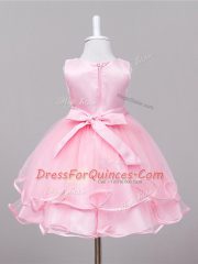 Baby Pink Tulle Zipper Kids Formal Wear Sleeveless Knee Length Lace