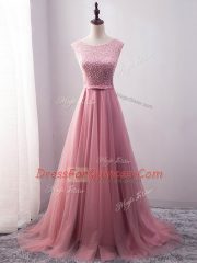 Comfortable Pink Sleeveless Beading and Belt Lace Up Evening Dress