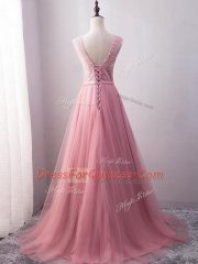 Comfortable Pink Sleeveless Beading and Belt Lace Up Evening Dress