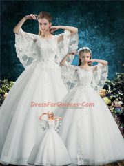 Customized Ball Gowns Ball Gown Prom Dress White Scoop Tulle Half Sleeves Floor Length Lace Up