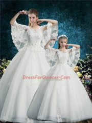 Customized Ball Gowns Ball Gown Prom Dress White Scoop Tulle Half Sleeves Floor Length Lace Up