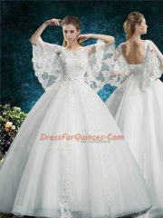 Customized Ball Gowns Ball Gown Prom Dress White Scoop Tulle Half Sleeves Floor Length Lace Up