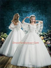 Customized Ball Gowns Ball Gown Prom Dress White Scoop Tulle Half Sleeves Floor Length Lace Up