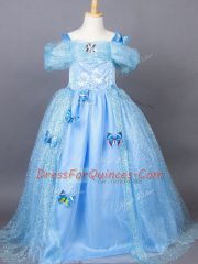 Light Blue Short Sleeves Appliques Floor Length Kids Pageant Dress