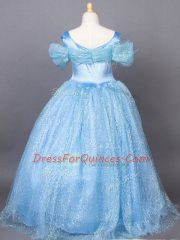 Light Blue Short Sleeves Appliques Floor Length Kids Pageant Dress