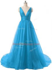 Fabulous Blue Organza Backless V-neck Sleeveless Dress for Prom Brush Train Ruching