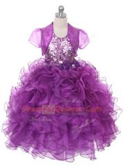 Sleeveless Lace Up Floor Length Ruffles and Sequins and Bowknot Little Girls Pageant Gowns