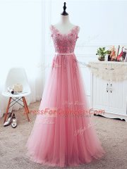 Pink Tulle Lace Up V-neck Sleeveless Floor Length Prom Dress Lace and Appliques and Belt