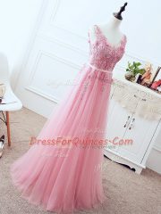 Pink Tulle Lace Up V-neck Sleeveless Floor Length Prom Dress Lace and Appliques and Belt