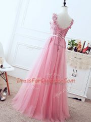 Pink Tulle Lace Up V-neck Sleeveless Floor Length Prom Dress Lace and Appliques and Belt