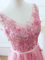 Pink Tulle Lace Up V-neck Sleeveless Floor Length Prom Dress Lace and Appliques and Belt