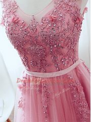 Pink Tulle Lace Up V-neck Sleeveless Floor Length Prom Dress Lace and Appliques and Belt
