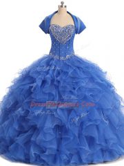 High Quality Blue Strapless Lace Up Beading and Ruffles Ball Gown Prom Dress Sleeveless