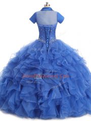 High Quality Blue Strapless Lace Up Beading and Ruffles Ball Gown Prom Dress Sleeveless
