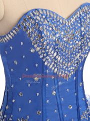 High Quality Blue Strapless Lace Up Beading and Ruffles Ball Gown Prom Dress Sleeveless