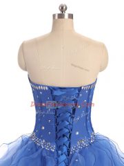 High Quality Blue Strapless Lace Up Beading and Ruffles Ball Gown Prom Dress Sleeveless