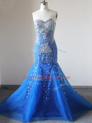 Glittering Royal Blue Sleeveless Tulle Brush Train Zipper Prom Dresses for Prom and Party and Military Ball