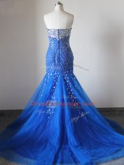 Glittering Royal Blue Sleeveless Tulle Brush Train Zipper Prom Dresses for Prom and Party and Military Ball