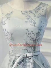 Fantastic Organza Scoop Sleeveless Lace Up Lace and Appliques and Belt Homecoming Dress in Grey