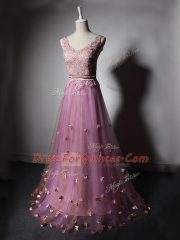 New Style Tulle V-neck Sleeveless Sweep Train Lace Up Beading and Lace and Appliques and Hand Made Flower in Lilac