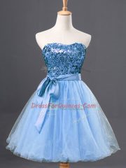 Suitable Light Blue Tulle Zipper Sweetheart Sleeveless Mini Length Dress for Prom Sequins