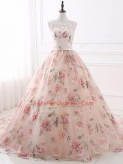 Pink Zipper Evening Dress Lace and Appliques and Belt Sleeveless Brush Train