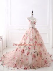 Pink Zipper Evening Dress Lace and Appliques and Belt Sleeveless Brush Train