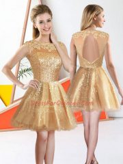 Graceful Champagne Bateau Backless Beading and Lace Court Dresses for Sweet 16 Sleeveless