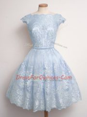 Cap Sleeves Knee Length Lace Lace Up Vestidos de Damas with Light Blue