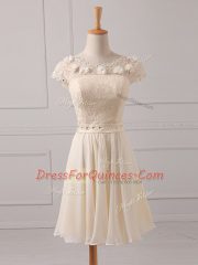 Champagne Empire Scoop Cap Sleeves Chiffon Mini Length Lace Up Lace and Appliques Dama Dress for Quinceanera