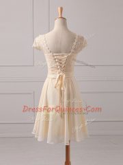 Champagne Empire Scoop Cap Sleeves Chiffon Mini Length Lace Up Lace and Appliques Dama Dress for Quinceanera