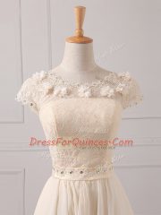 Champagne Empire Scoop Cap Sleeves Chiffon Mini Length Lace Up Lace and Appliques Dama Dress for Quinceanera