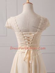 Champagne Empire Scoop Cap Sleeves Chiffon Mini Length Lace Up Lace and Appliques Dama Dress for Quinceanera