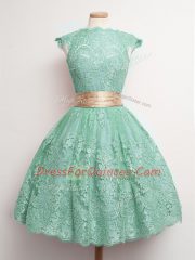 New Style Lace Square Cap Sleeves Lace Up Belt Vestidos de Damas in Turquoise