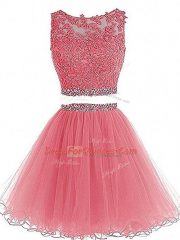 Customized Pink Sleeveless Beading and Lace and Appliques Mini Length Dress for Prom