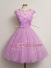 Deluxe Lilac Ball Gowns Lace Quinceanera Court of Honor Dress Lace Up Tulle Cap Sleeves Knee Length