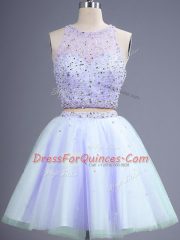 Inexpensive Knee Length Two Pieces Sleeveless Lavender Quinceanera Dama Dress Lace Up