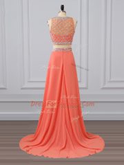 Two Pieces Sleeveless Watermelon Red Evening Dress Brush Train Zipper