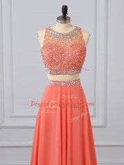 Two Pieces Sleeveless Watermelon Red Evening Dress Brush Train Zipper