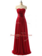 Flirting Wine Red Chiffon Lace Up Sweetheart Sleeveless Floor Length Damas Dress Ruching