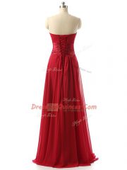 Flirting Wine Red Chiffon Lace Up Sweetheart Sleeveless Floor Length Damas Dress Ruching