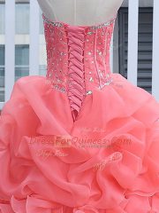 Deluxe Watermelon Red Ball Gowns Sweetheart Sleeveless Organza Floor Length Lace Up Beading and Ruffles and Pick Ups 15 Quinceanera Dress