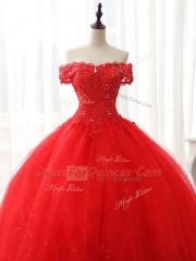 Trendy Red Lace Up Quinceanera Gown Beading and Ruffles Sleeveless Floor Length