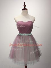 Pink Lace Up Sweetheart Beading and Ruching Quinceanera Dama Dress Tulle Sleeveless