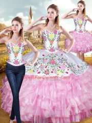 Embroidery and Ruffled Layers 15 Quinceanera Dress Rose Pink Lace Up Sleeveless Floor Length