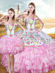 Embroidery and Ruffled Layers 15 Quinceanera Dress Rose Pink Lace Up Sleeveless Floor Length