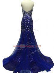 Royal Blue Prom Party Dress Tulle Brush Train Sleeveless Beading