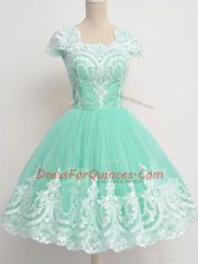 Ideal Square Cap Sleeves Quinceanera Court Dresses Knee Length Lace Apple Green Tulle