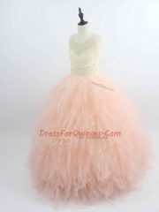 Lovely Ball Gowns Kids Pageant Dress Peach Scoop Tulle Sleeveless Floor Length Zipper