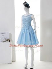 Flirting Mini Length Zipper Damas Dress Baby Blue for Prom and Party and Wedding Party with Lace